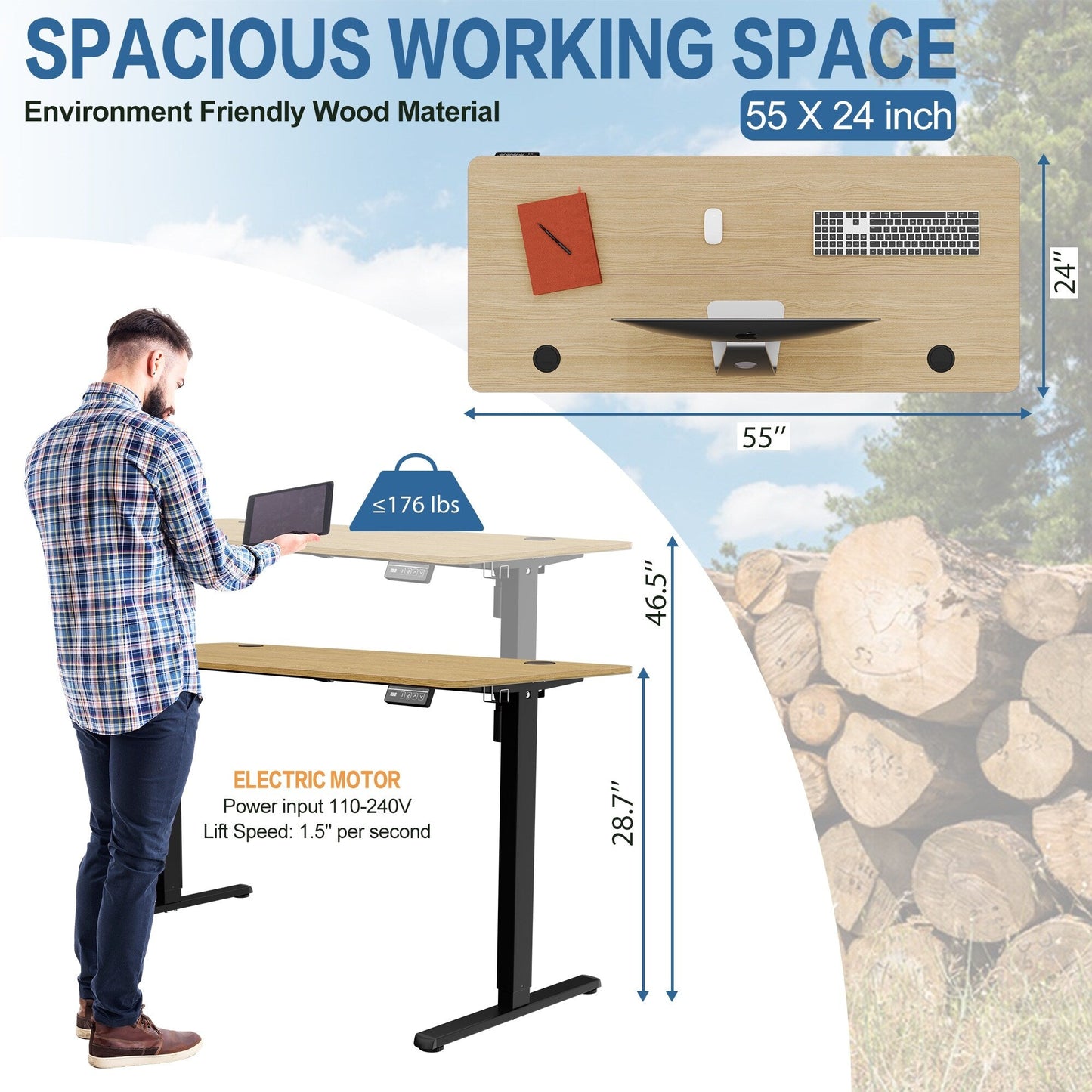 Bureau debout électrique à hauteur réglable Futzca, bureau informatique avec plateau de travail assemblé.