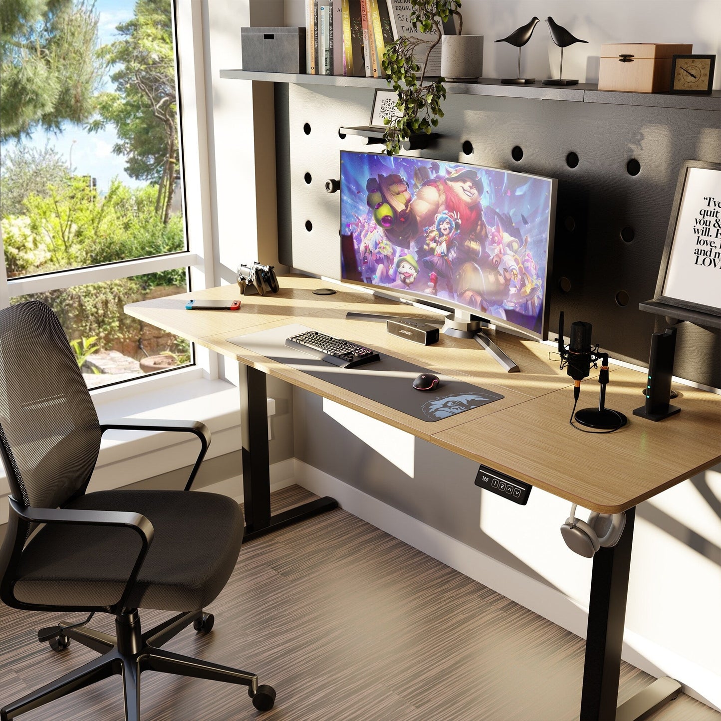 Bureau debout électrique à hauteur réglable Futzca, bureau informatique avec plateau de travail assemblé.