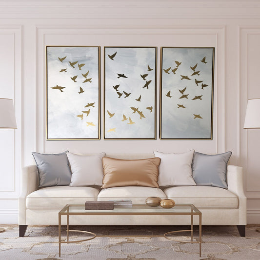 Impression sur toile en trois parties représentant des oiseaux dorés, avec cadre flottant doré, pour décoration murale.