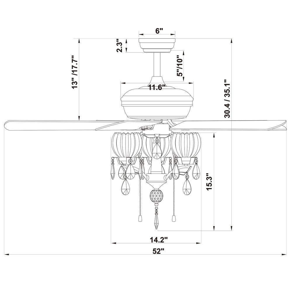 Ventilateur de plafond Garlow à 5 pales, noir mat, avec éclairage et lustre à coupelles en forme de fleur de cristal (avec télécommande) - Diamètre de 52 pouces