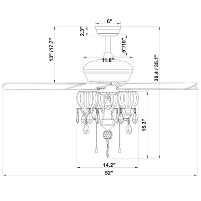 Ventilateur de plafond Garlow à 5 pales, noir mat, avec éclairage et lustre à coupelles en forme de fleur de cristal (avec télécommande) - Diamètre de 52 pouces