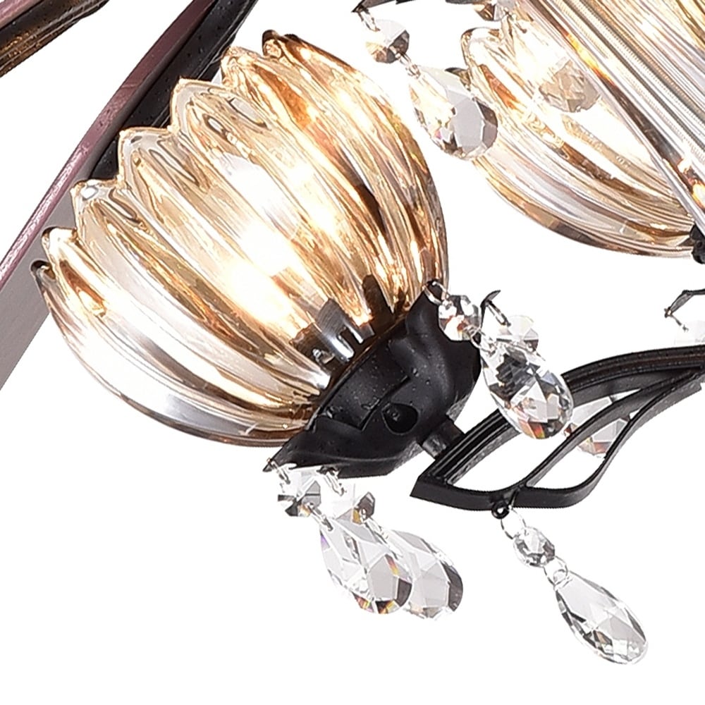 Ventilateur de plafond Garlow à 5 pales, noir mat, avec éclairage et lustre à coupelles en forme de fleur de cristal (avec télécommande) - Diamètre de 52 pouces