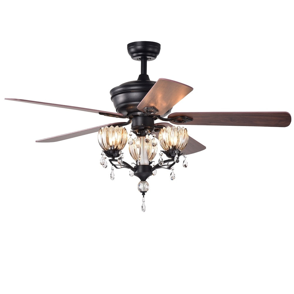 Ventilateur de plafond Garlow à 5 pales, noir mat, avec éclairage et lustre à coupelles en forme de fleur de cristal (avec télécommande) - Diamètre de 52 pouces