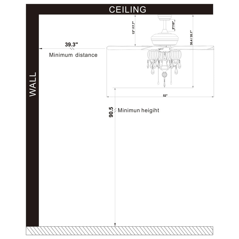 Ventilateur de plafond Garlow à 5 pales, noir mat, avec éclairage et lustre à coupelles en forme de fleur de cristal (avec télécommande) - Diamètre de 52 pouces