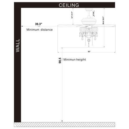 Ventilateur de plafond Garlow à 5 pales, noir mat, avec éclairage et lustre à coupelles en forme de fleur de cristal (avec télécommande) - Diamètre de 52 pouces