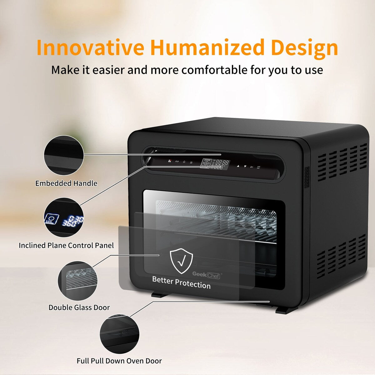Four à convection et friteuse à vapeur Geek Chef 26 QT, 50 programmes de cuisson préprogrammés, acier inoxydable noir