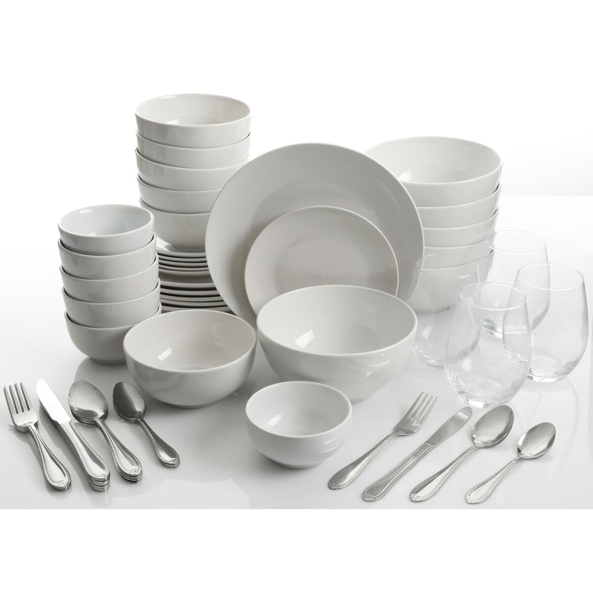 Service de table Gibson Home All U Need, 60 pièces : assiettes, bols, verrerie, fourchettes, cuillères et couteaux (service pour 6 personnes)