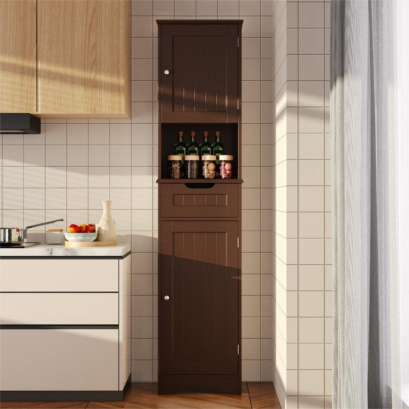 Armoire à linge étroite pour salle de bain, 170 cm de hauteur, armoire de rangement à 5 niveaux en bois massif, modèle autoportant.