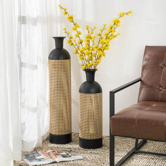 Glitzhome Set of 2 Modern Gold/Black Two-tone High Table Floor Metal Art Vases