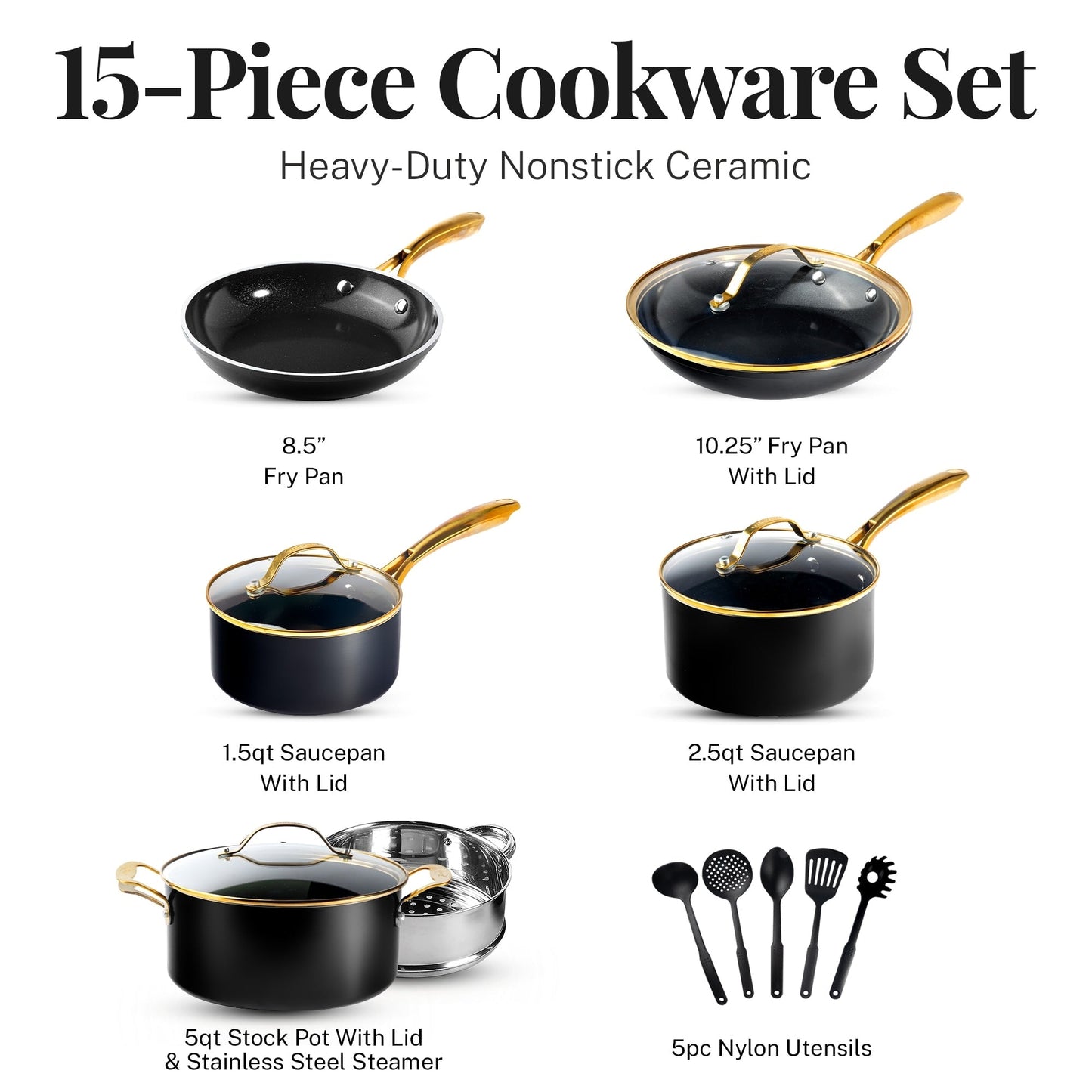 Ensemble de 15 pièces de casseroles et poêles ultra antiadhésives en céramique Gotham Steel noires, avec ustensiles.