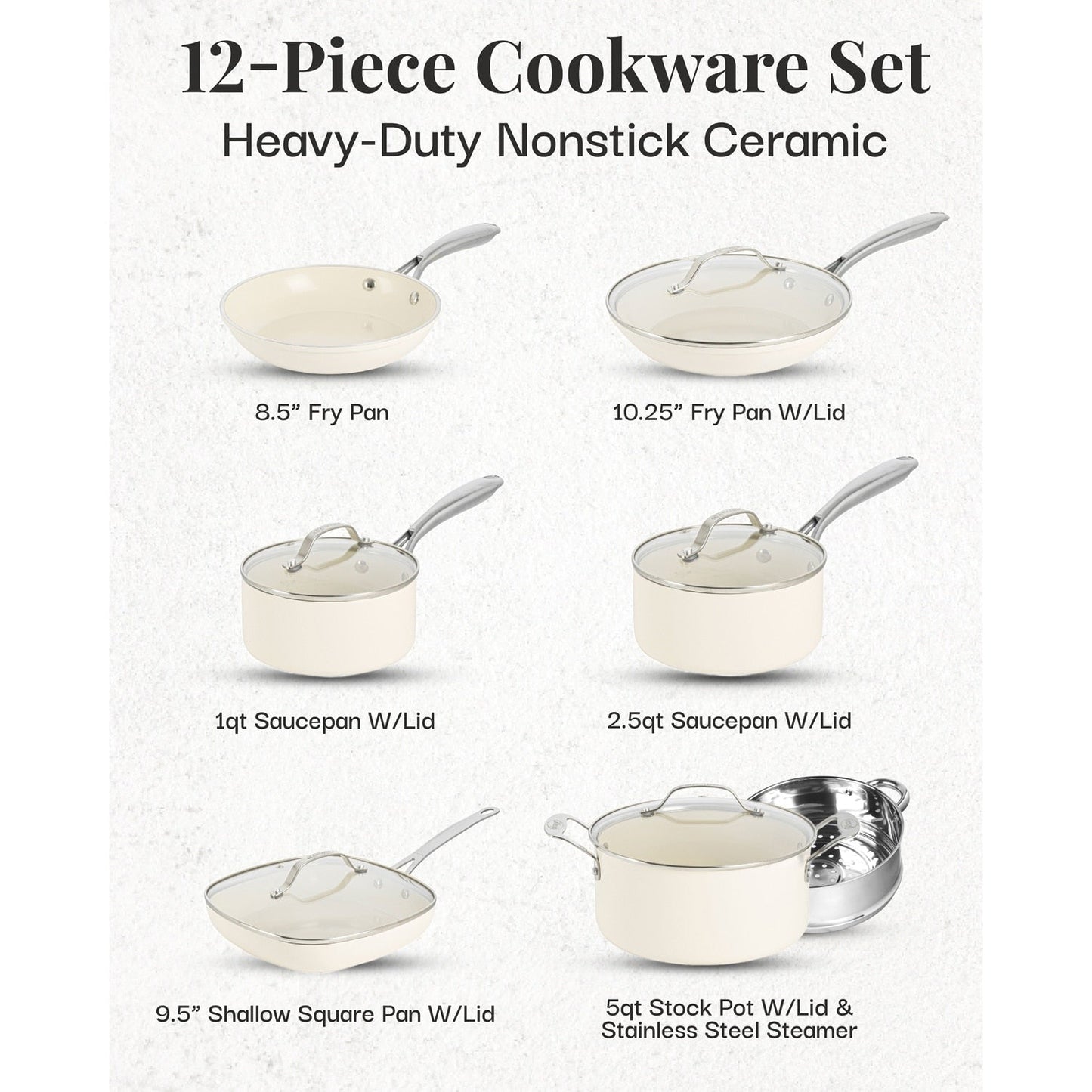 Gotham Steel Cream Ensemble de 12 casseroles et poêles ultra antiadhésives en céramique avec poignées Stay Cool