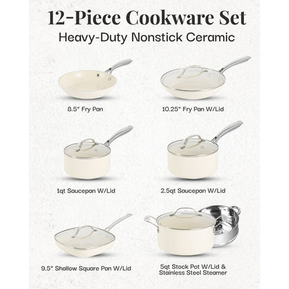 Gotham Steel Cream Ensemble de 12 casseroles et poêles ultra antiadhésives en céramique avec poignées Stay Cool
