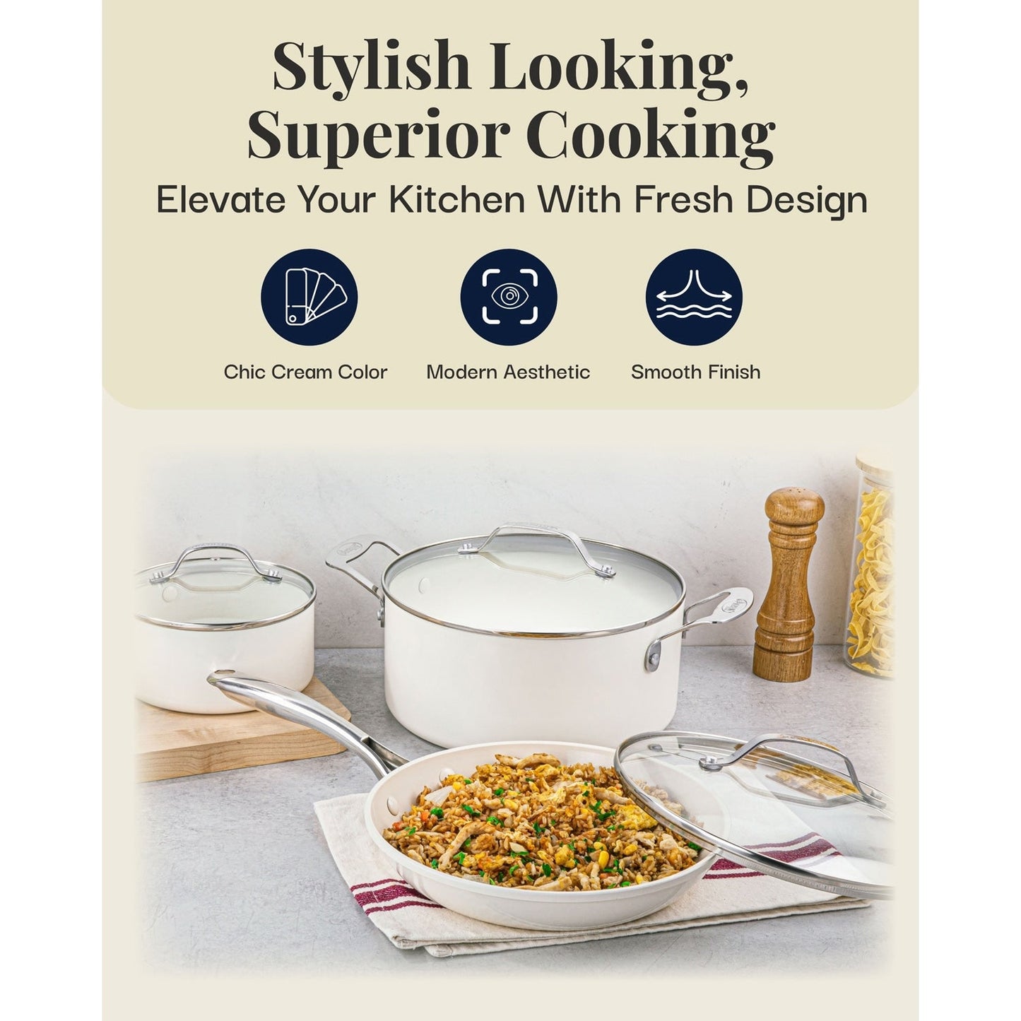 Gotham Steel Cream Ensemble de 12 casseroles et poêles ultra antiadhésives en céramique avec poignées Stay Cool