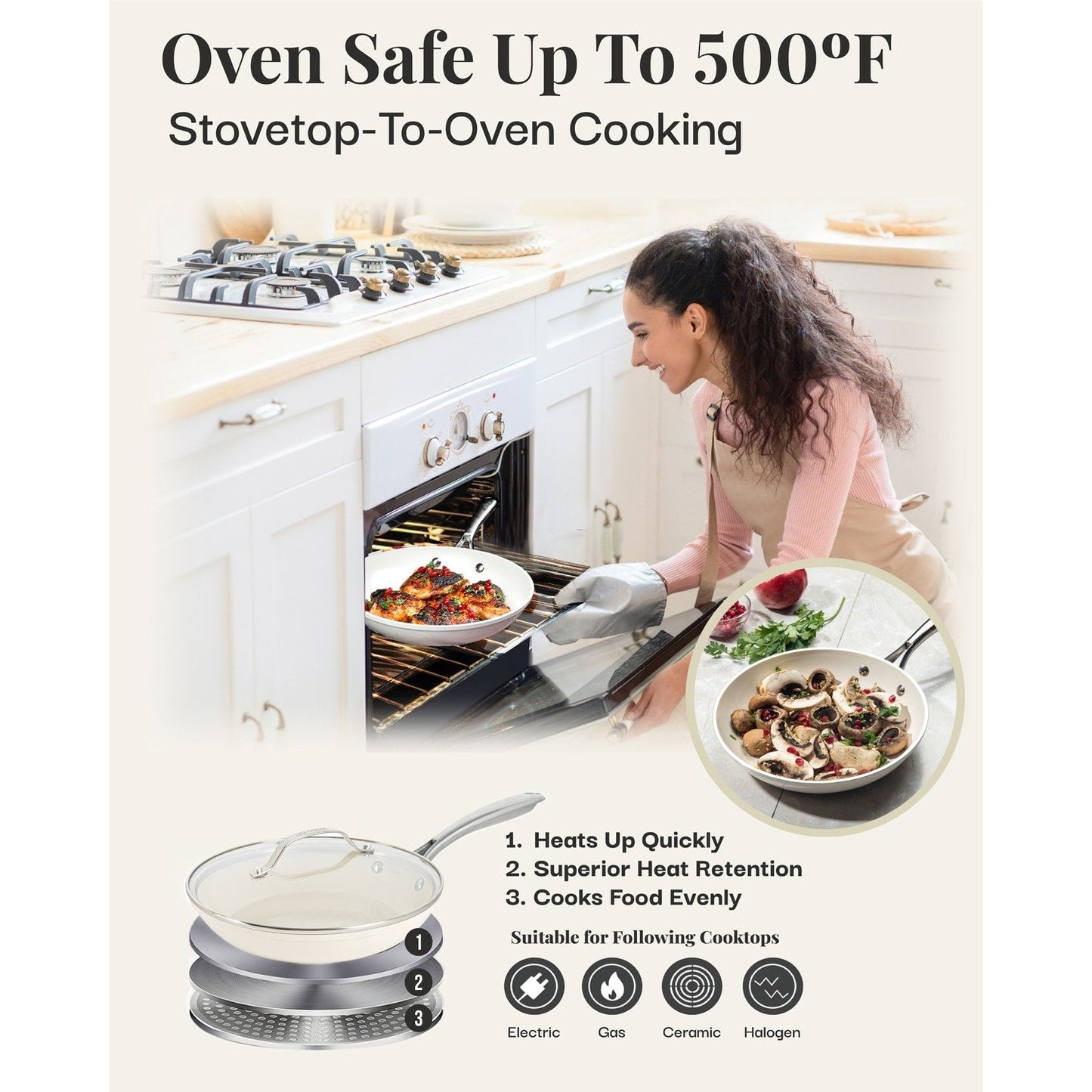 Gotham Steel Cream Ensemble de 12 casseroles et poêles ultra antiadhésives en céramique avec poignées Stay Cool