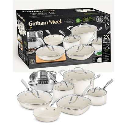 Gotham Steel Cream Ensemble de 12 casseroles et poêles ultra antiadhésives en céramique avec poignées Stay Cool