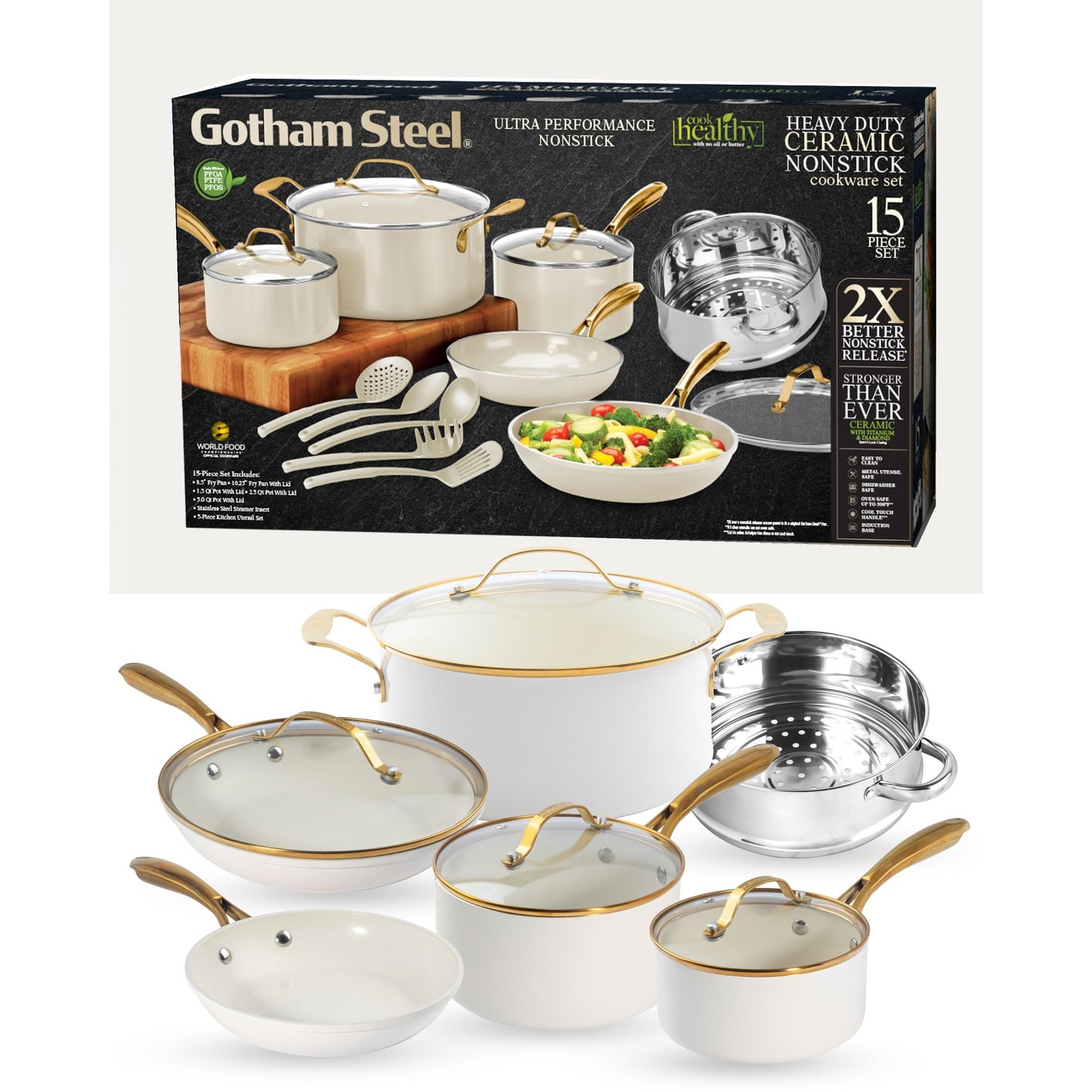 Gotham Steel Ensemble de 15 pièces de casseroles et poêles en céramique ultra antiadhésive couleur crème avec ustensiles