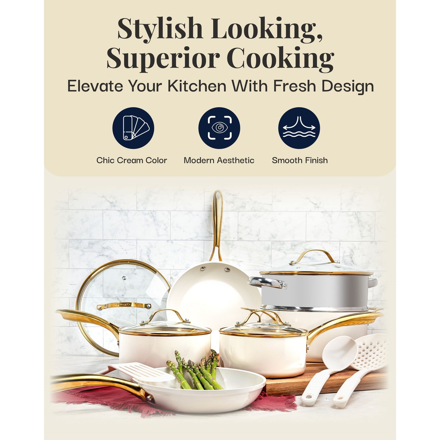 Gotham Steel Ensemble de 15 pièces de casseroles et poêles en céramique ultra antiadhésive couleur crème avec ustensiles