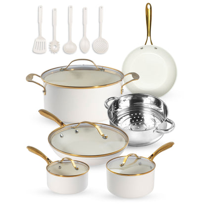 Gotham Steel Ensemble de 15 pièces de casseroles et poêles en céramique ultra antiadhésive couleur crème avec ustensiles