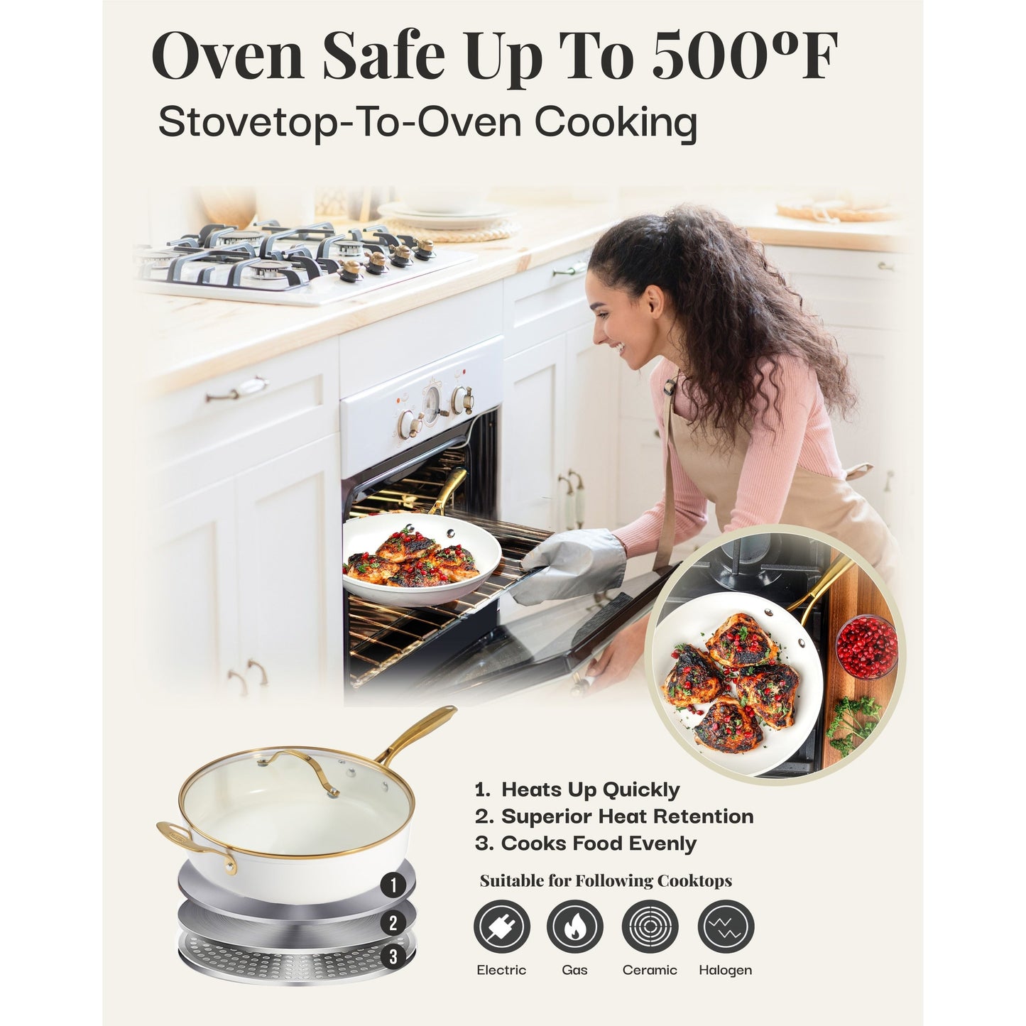 Gotham Steel Ensemble de 15 pièces de casseroles et poêles en céramique ultra antiadhésive couleur crème avec ustensiles