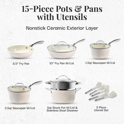 Gotham Steel Hammered Cream Ensemble de 15 pièces de casseroles et poêles ultra-résistantes en céramique antiadhésive, couleur crème, avec ustensiles.
