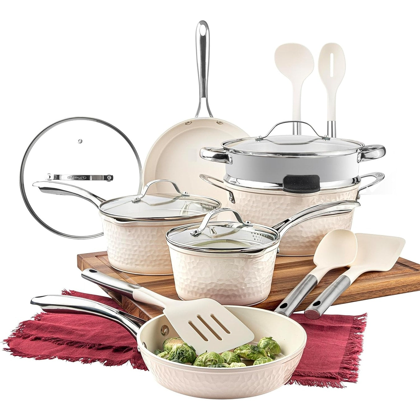 Gotham Steel Hammered Cream Ensemble de 15 pièces de casseroles et poêles ultra-résistantes en céramique antiadhésive, couleur crème, avec ustensiles.