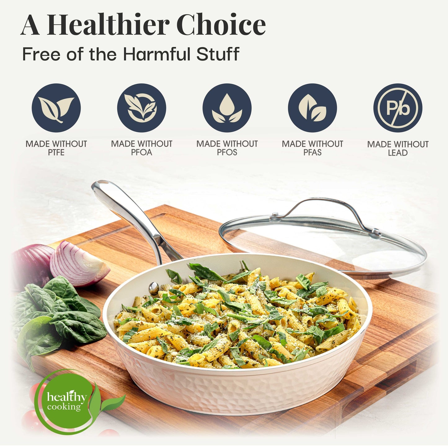 Gotham Steel Hammered Cream Ensemble de 15 pièces de casseroles et poêles ultra-résistantes en céramique antiadhésive, couleur crème, avec ustensiles.