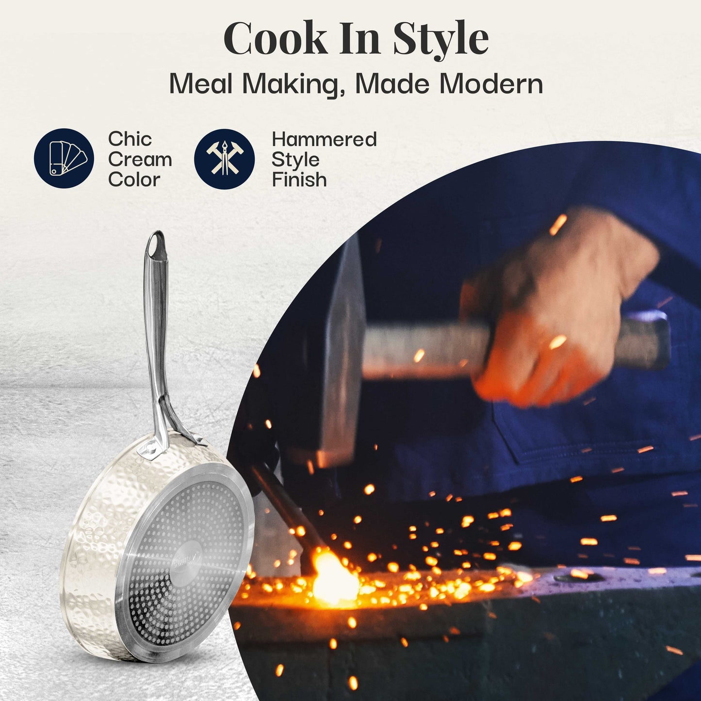 Gotham Steel Hammered Cream Ensemble de 15 pièces de casseroles et poêles ultra-résistantes en céramique antiadhésive, couleur crème, avec ustensiles.