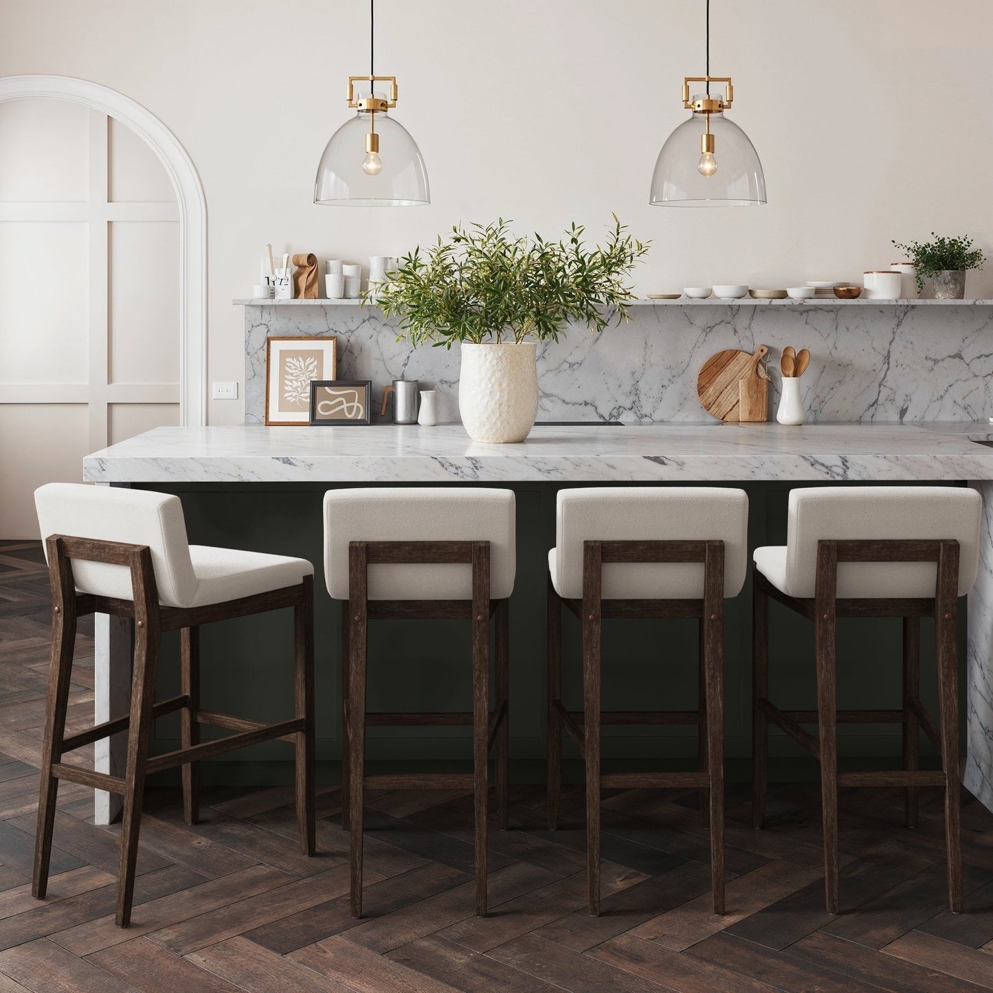 Tabouret de bar moderne Gracie, chaise rembourrée en bouclé et pieds en bois brossé