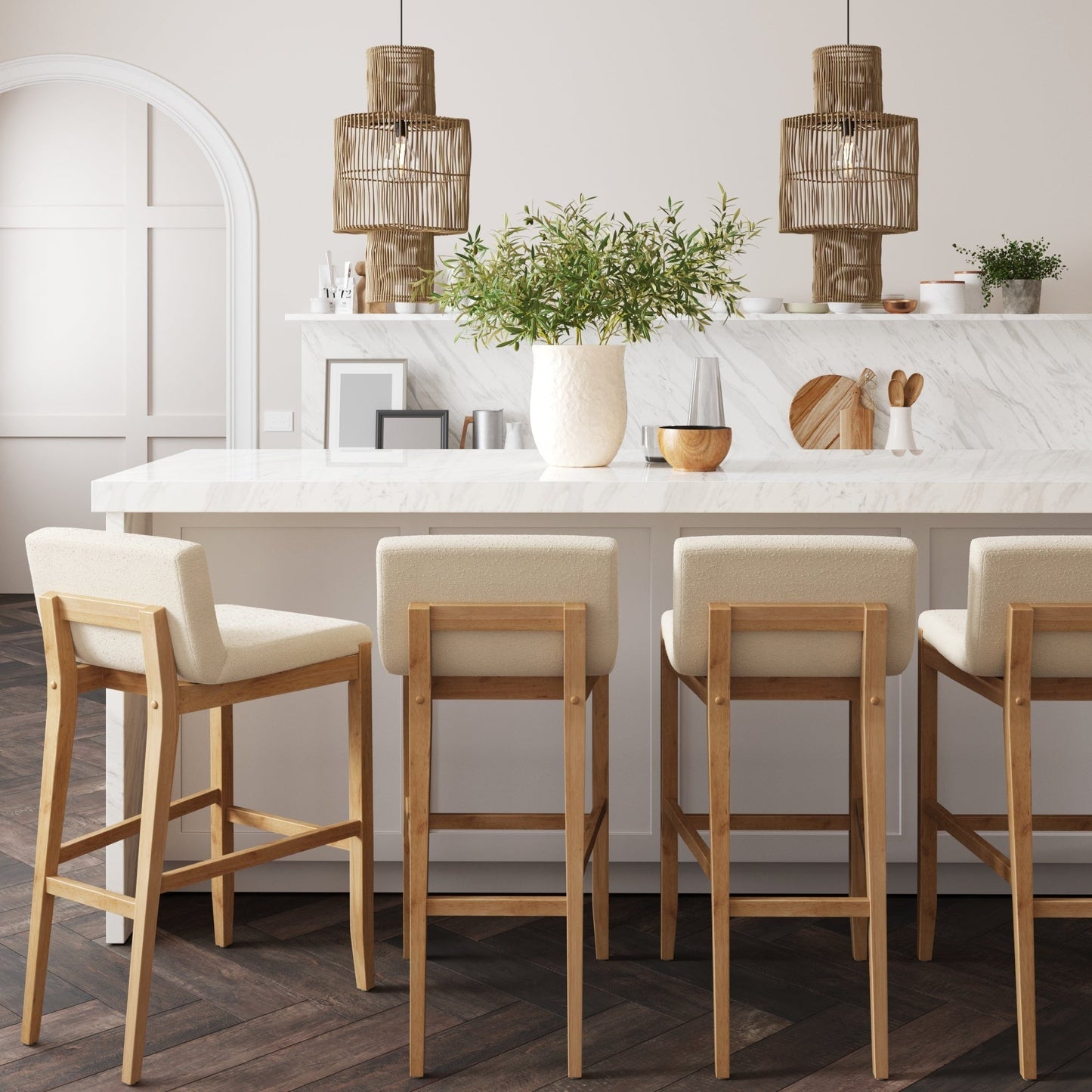 Tabouret de bar moderne Gracie, chaise rembourrée en bouclé et pieds en bois brossé