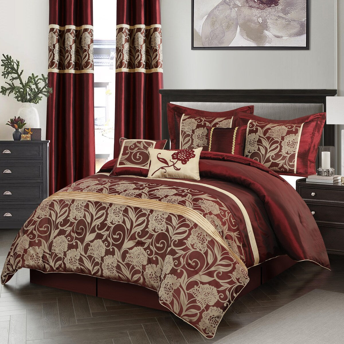 Ensemble de Couette à Motifs Floraux en Jacquard Nanshing Brie, 9 Pièces