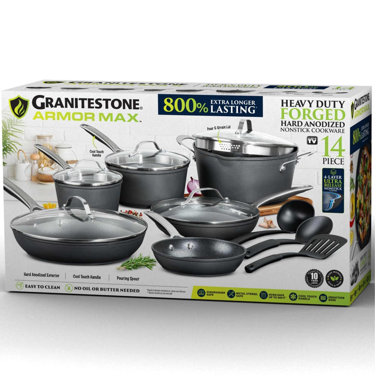 Ensemble de cuisine Granitestone Armor Max 14 pièces en acier anodisé dur