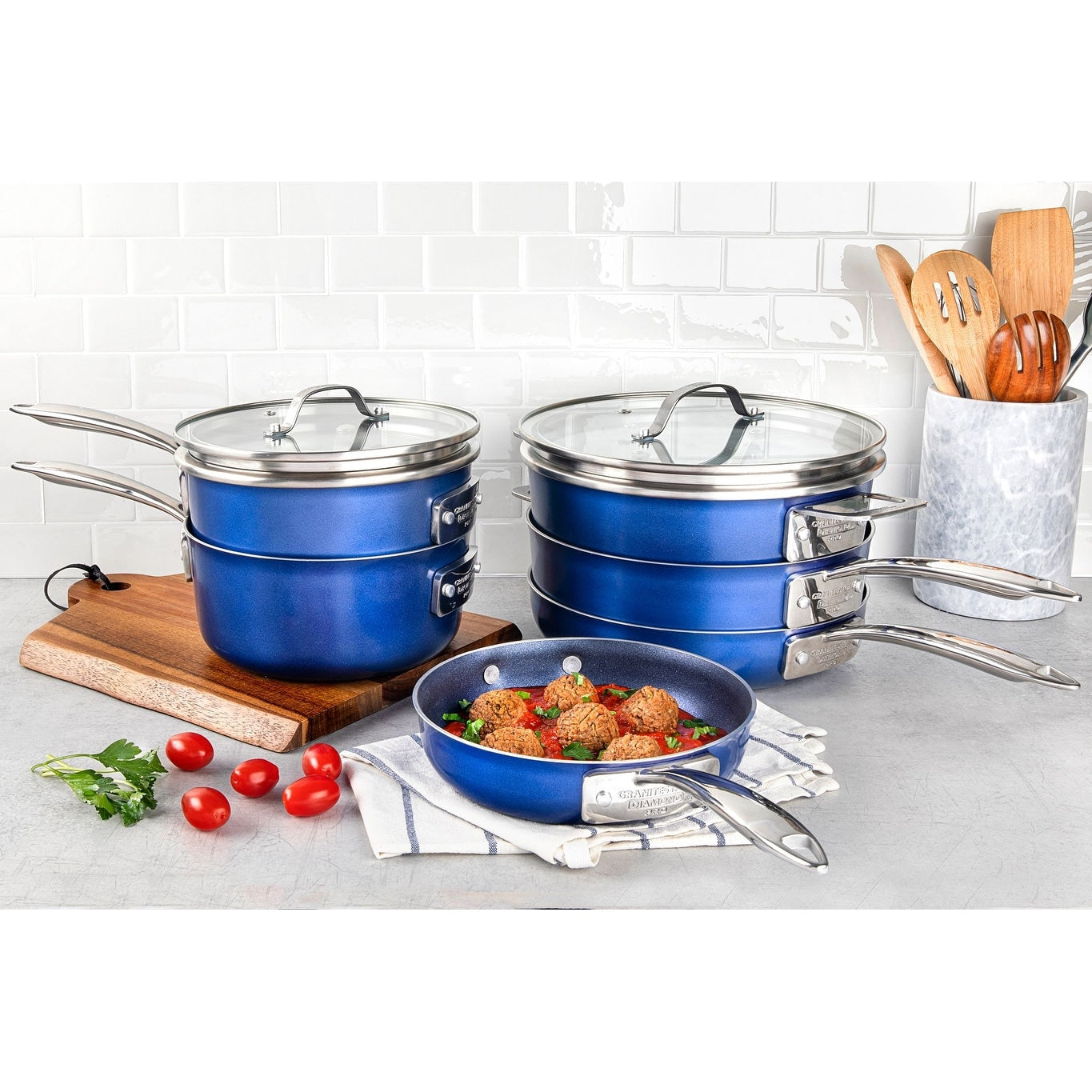 Ensemble de casseroles et poêles antiadhésives Granitestone Blue 15 pièces avec couvercles en verre