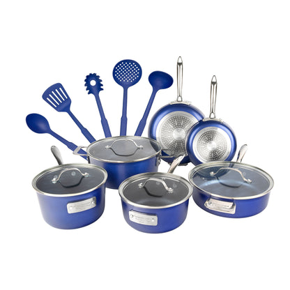 Ensemble de casseroles et poêles antiadhésives Granitestone Blue 15 pièces avec couvercles en verre