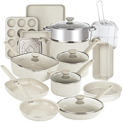 Ensemble de 20 pièces de casseroles et de plaques à pâtisserie antiadhésives Granitestone Desert Cream
