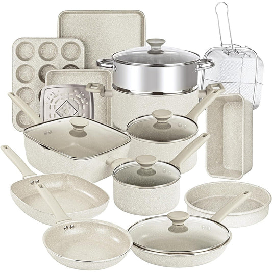 Ensemble de 20 pièces de casseroles et de plaques à pâtisserie antiadhésives Granitestone Desert Cream