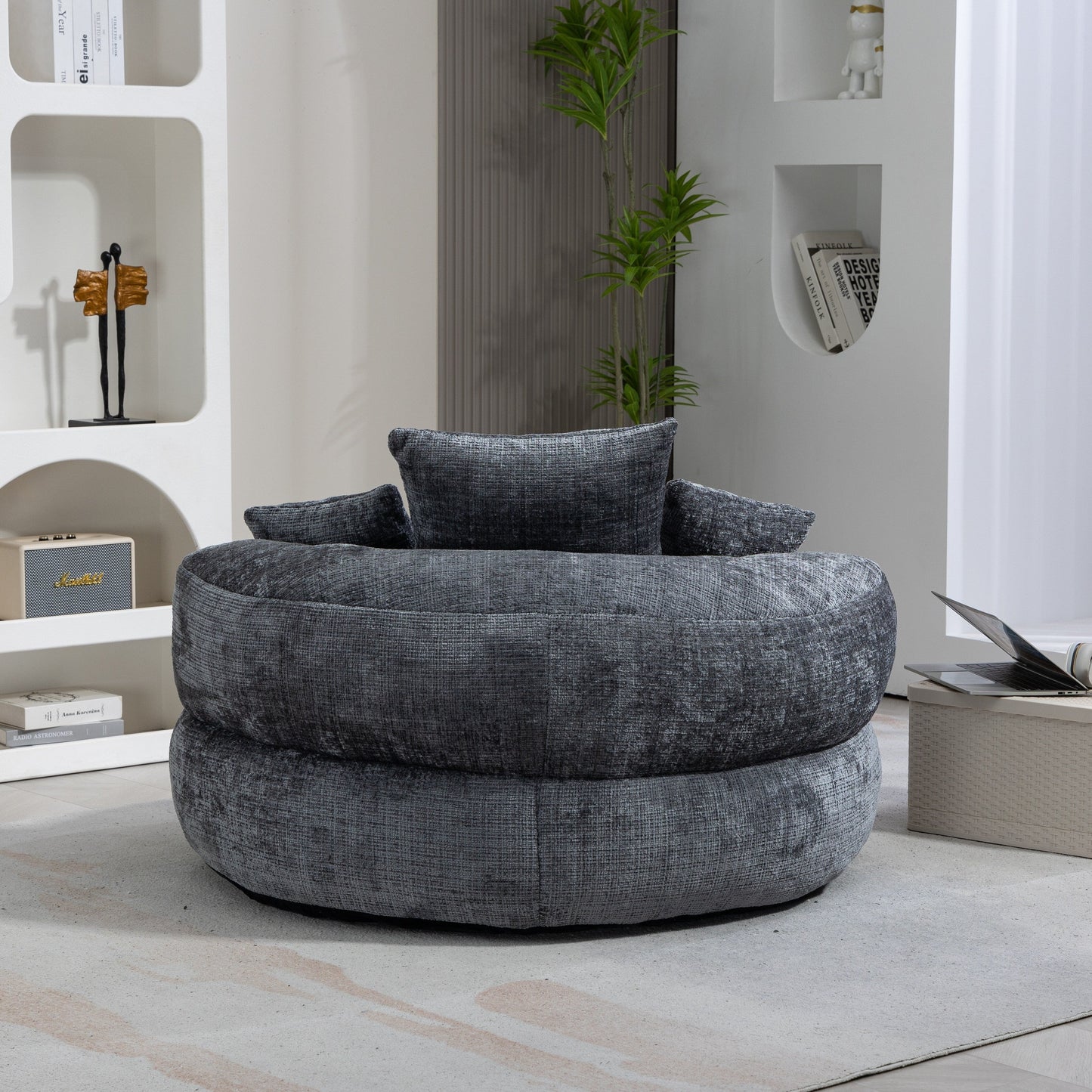 Gray Oversized 42.52 Chenille Lazy Bean Bag Single Sofa with Three Pillows for Bedroom
