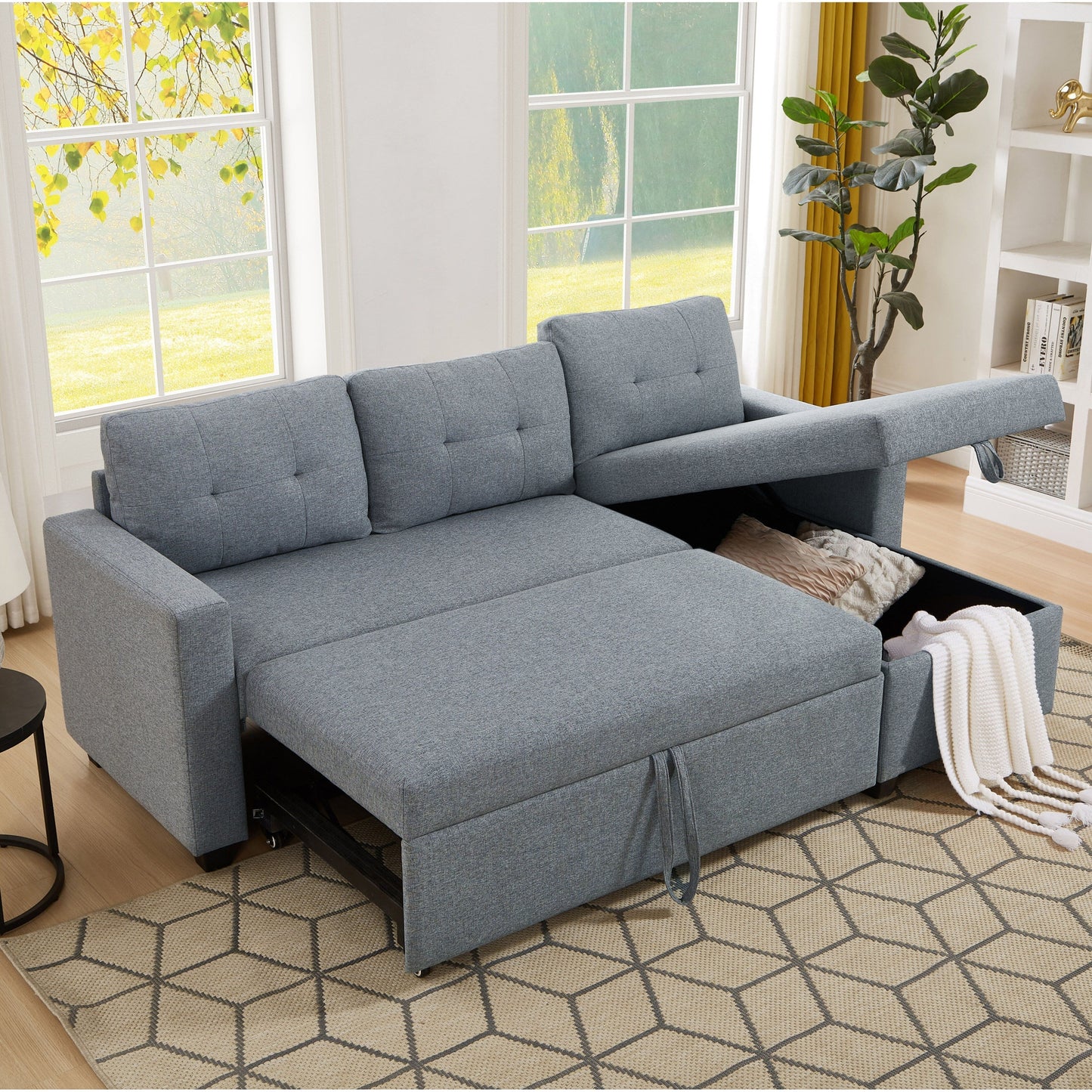 Grey 81.5'' Linen Convertible Sleeper Sofa with Reversible Storage Chaise