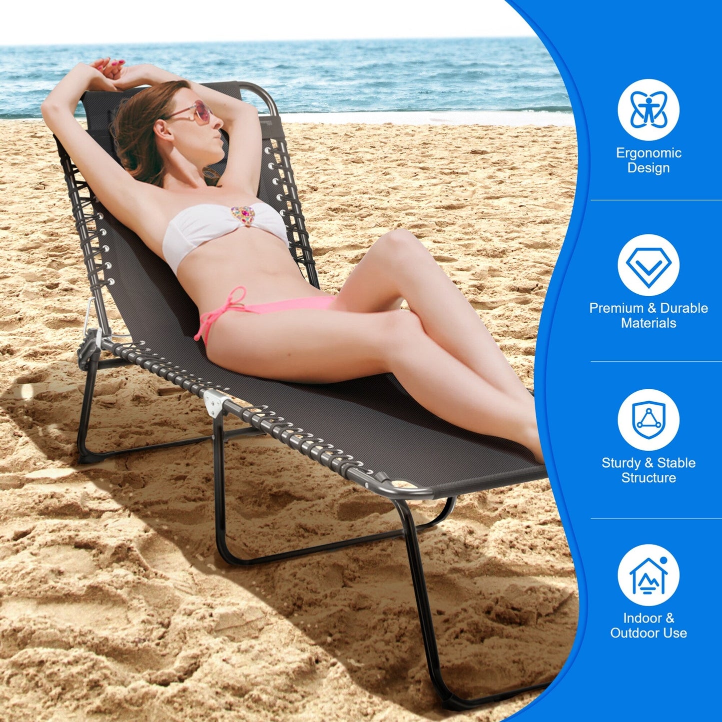 Gymax Folding Beach Lounger Chaise Lounge Chair w/ Pillow 4-Level