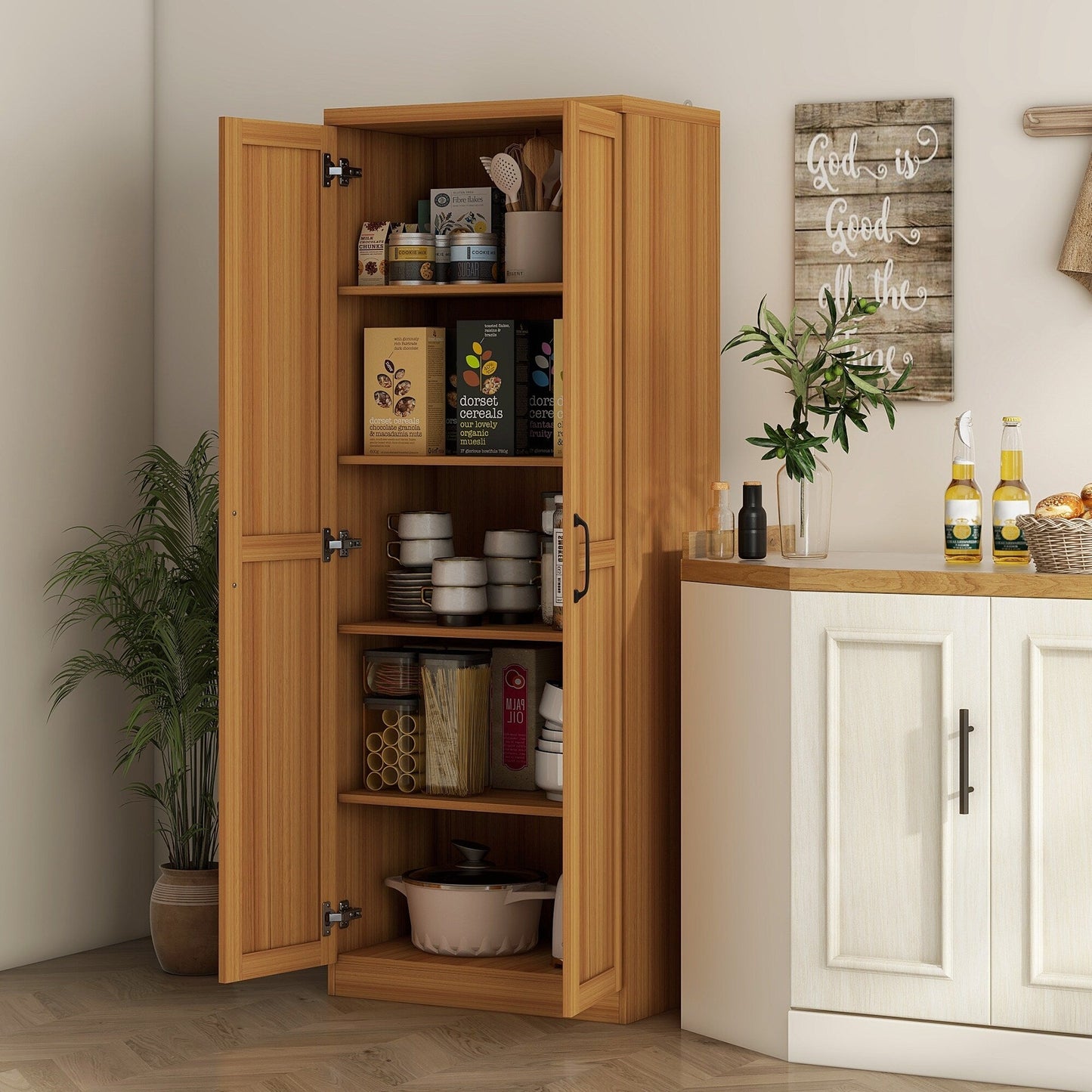 HOMCOM Étagère de rangement pour cuisine, armoire de rangement à 2 portes avec 5 niveaux de rangement et 2 étagères réglables pour salle à manger (63 pouces)