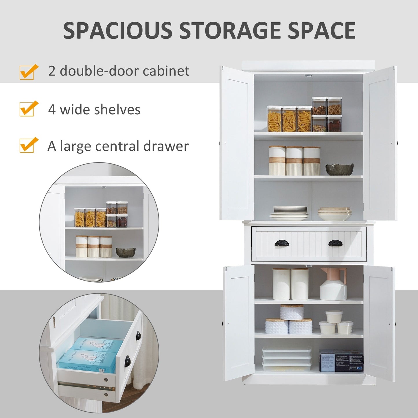 Armoire de rangement de cuisine HOMCOM 72, style traditionnel, à poser, avec portes et 3 étagères réglables, blanche