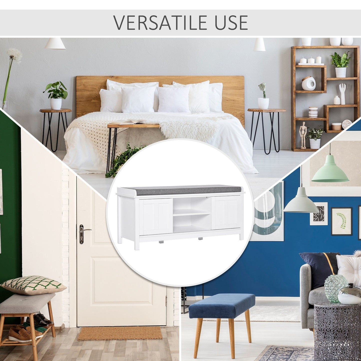 HOMCOM Banc à chaussures d'entrée avec rangement, ottomane, étagères réglables, 6 compartiments et assise rembourrée, blanc/gris