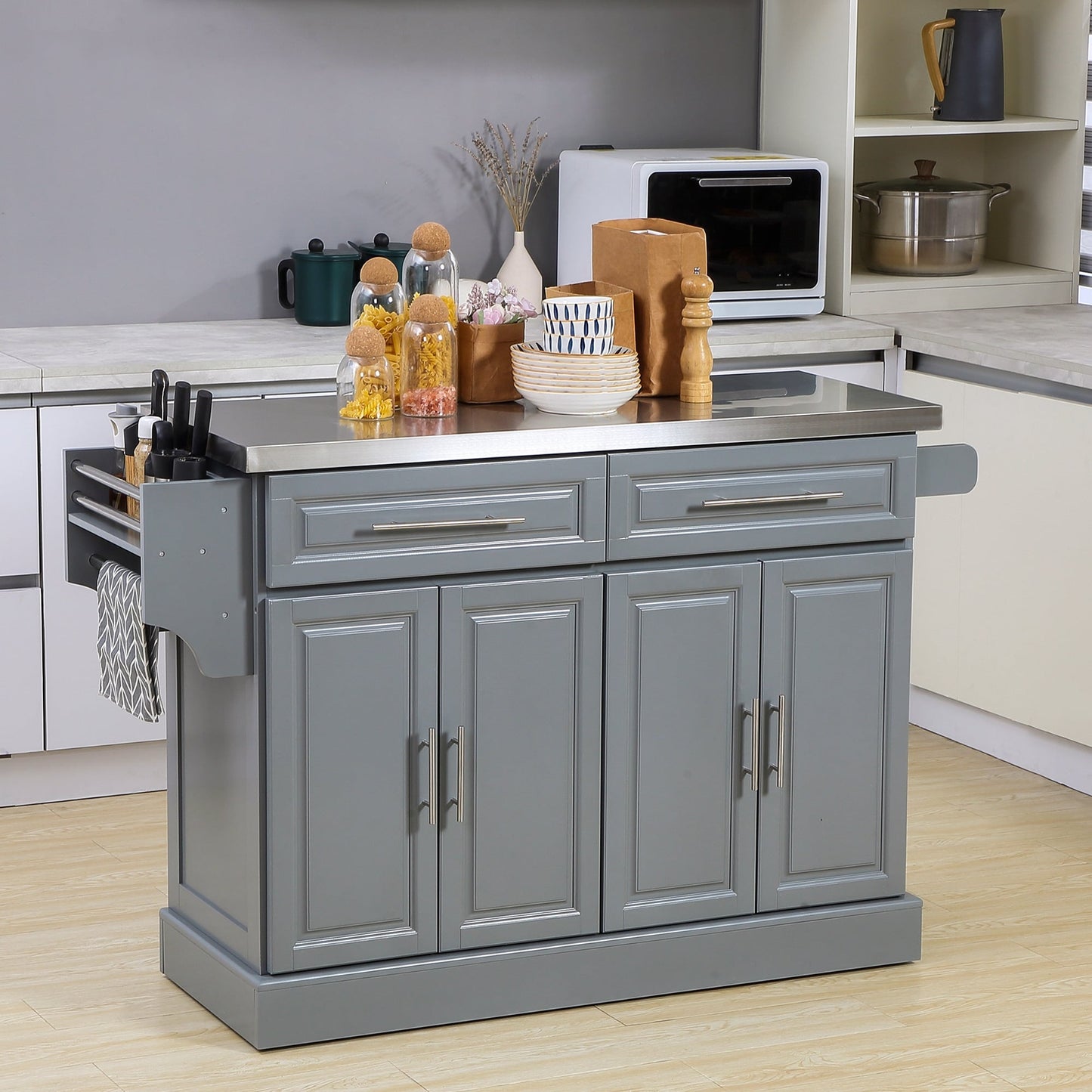 Îlot roulant de cuisine HOMCOM avec rangement, chariot de cuisine portable avec plateau en acier inoxydable, gris - N/A