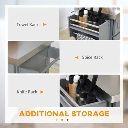 Îlot roulant de cuisine HOMCOM avec rangement, chariot de cuisine portable avec plateau en acier inoxydable, gris - N/A