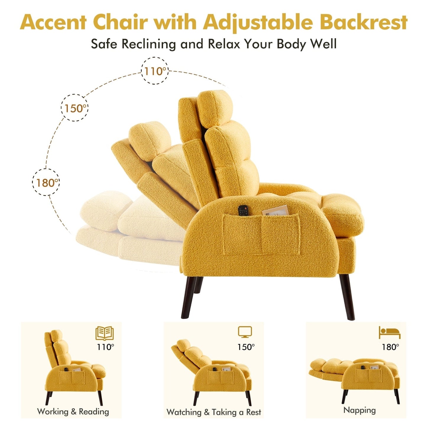 Fauteuil d'appoint HOMYKA avec dossier réglable et pouf de rangement