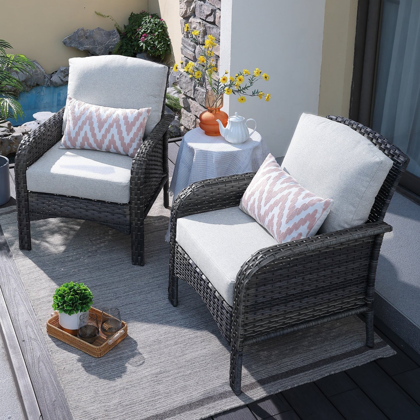HOOOWOOO Ensemble de 2 chaises en rotin pour meubles de jardin d'extérieur