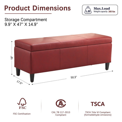 Ottoman rectangulaire de rangement recouvert de simili cuir - 50,3 x 17,50 x 18 pouces