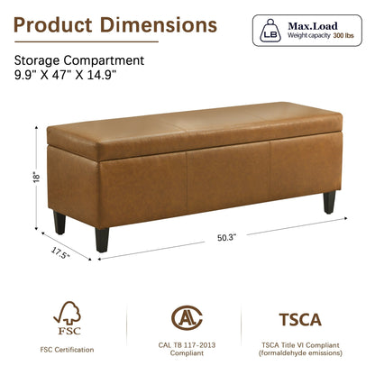 Ottoman rectangulaire de rangement recouvert de simili cuir - 50,3 x 17,50 x 18 pouces