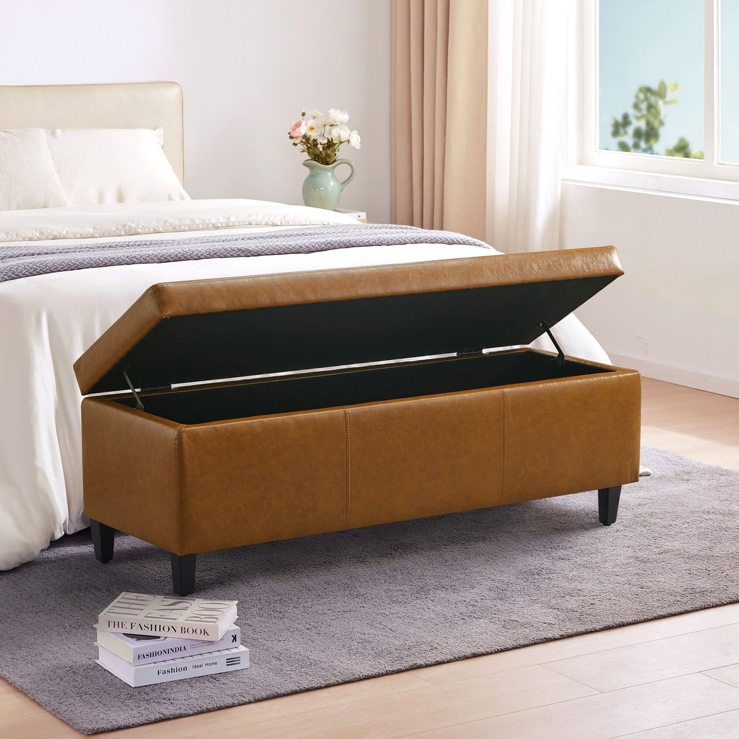 Ottoman rectangulaire de rangement recouvert de simili cuir - 50,3 x 17,50 x 18 pouces