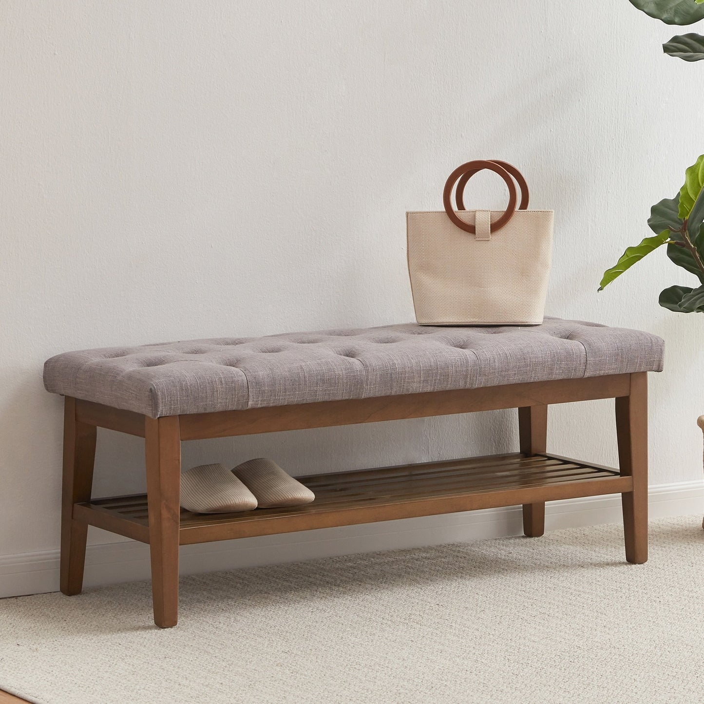 Banc à chaussures d'entrée, banc de rangement, tissu et bois massif, banc rembourré de 109 cm (43 pouces) pour salon, chambres à coucher