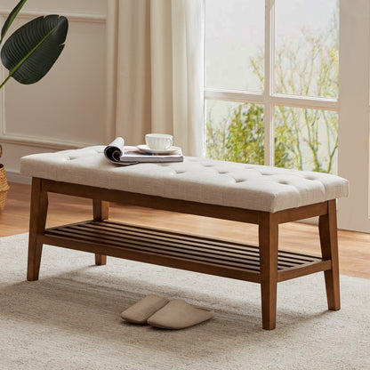 Banc à chaussures d'entrée, banc de rangement, tissu et bois massif, banc rembourré de 109 cm (43 pouces) pour salon, chambres à coucher